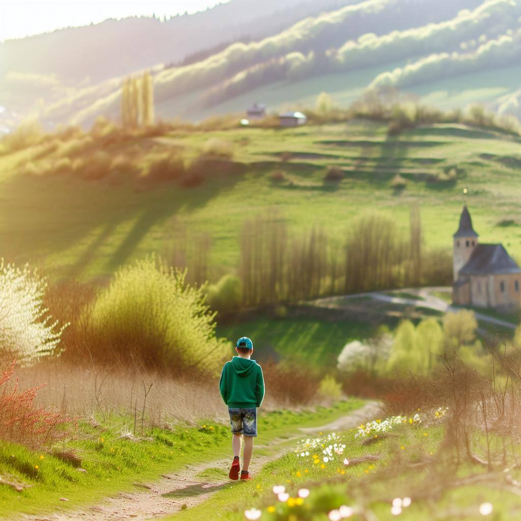 Un adolescente camina solo por un sinuoso sendero rodeado de verdes colinas y florecientes flores. A lo lejos se ve una antigua iglesia bañada por la cálida luz del sol.